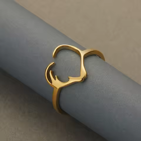 Kinitial Stainless Steel Mule Deer Antler Ring For Women Handmade Boho Forest Jewelry Geometric Dain