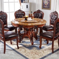 【TikTok】#European Style Dining Table and Chair Marble Chair Combination Marble Solid Wood round Dining Table American So