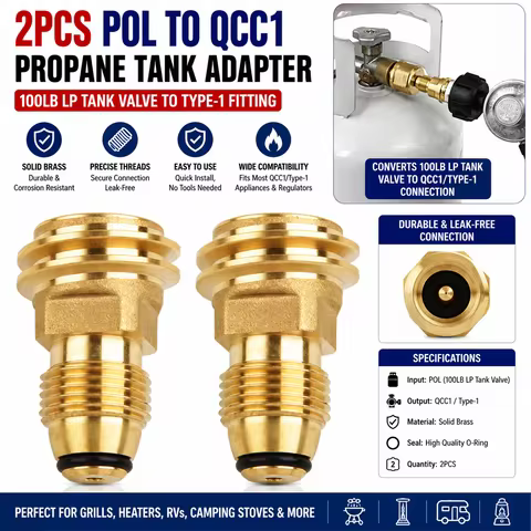 2PCS POL to QCC1 Propane Tank Adapter 100LB LP Gas Cylinder Valve to Type 1 Connector Fitting For BB