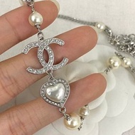 [23B]CHANEL香奈兒雙C銀色心型珍珠金屬項鍊女款銀色