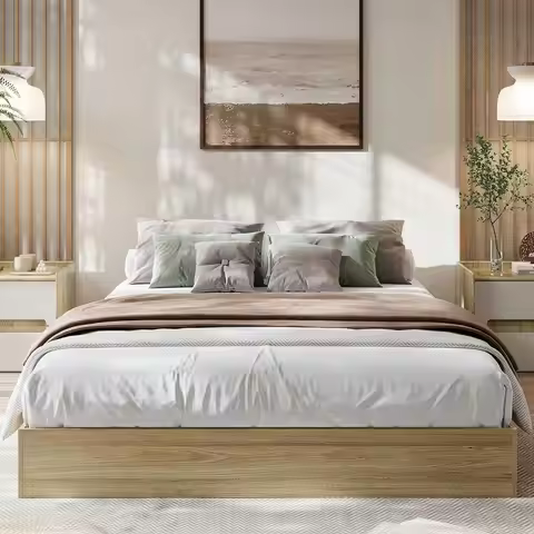 Full Size Wood Platform Bed Frame No Box Spring Needed,Wood Slat Support,Floor Standing Design 75.98