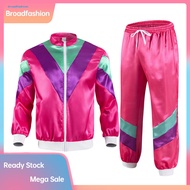 [br] Elastic Waist Pants Casual 80s Outfit 2pcs Retro 80s Disco Tracksuit Set Women Color Block Zipp