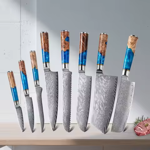 Kitchen Knives-Set Damascus Steel VG10 Chef Knife Cleaver Paring Bread Knife Blue Resin Handle set