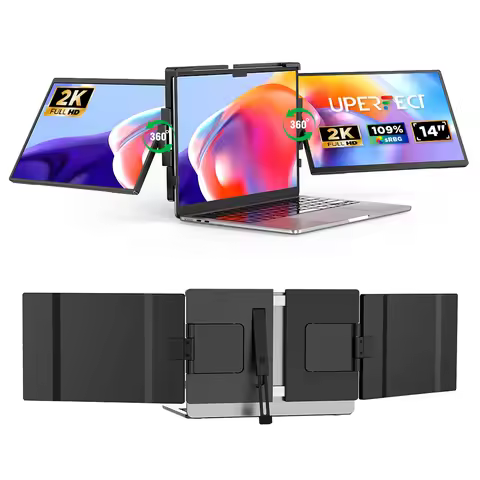 UPERFECT first 2K 14" Tri Screen Laptop Monitor Extender Triple Display 360° Rotatable Attachable Po