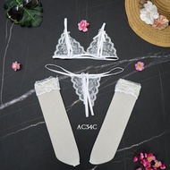 Women's Underwear Bra Set G String + Stockings Sexy Lace White AC34C