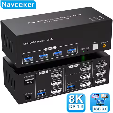 8K Triple Displayport USB 3.0 KVM Switch 3 Monitors 2 Computers 4K 144Hz 2x3 Triple Monitor HDMI DP 
