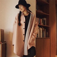粉色 雙面穿 日本進口溫潤粉色淺灰羊毛 冬季雙面 大廓形大衣外套