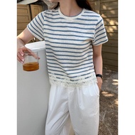 ACME contrast striped T-shirt with lace short-sleeved top 31132