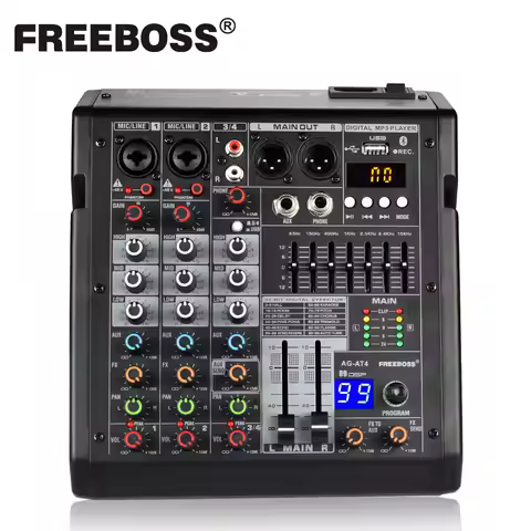Freeboss Audio Mixer 4 Channels 99 Effect USB Mixing Console PC Record Bluetooth Studio 48V Sound Ta