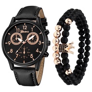 【2PCS】Hailie Geneva Men Quartz Watch  Casual Leather Strap Watch Bracelet Set  Geneva Wrist Watch