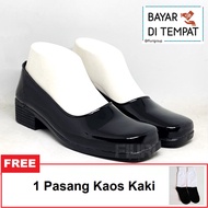 FIURI - Sepatu Pantofel Wanita Hitam 36-42 Polos Hak 3cm Bonus Kaos Kaki - Sepatu Sekolah Perawat Su