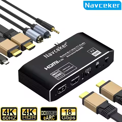 2x1 4K HDMI Switch eARC Audio Extractor With ARC & Optical Toslink HDMI 2.0 Switch 4K 60Hz HDMI Swit