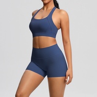 2 ชิ้นเสื้อผ้าโยคะ CROSSOVER กลับชุดชั้นในกีฬา Crop Tops วิ่งขี่จักรยานกีฬากางเกงขาสั้น Quick-Drying