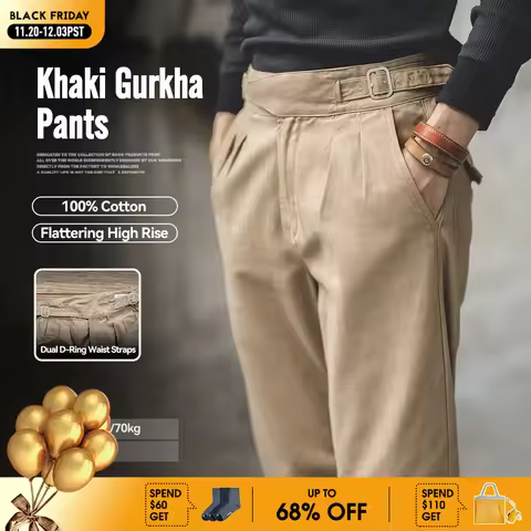 Maden Vintage Adjustable High Waist Gurkha Pants Khaki Casual Cargo Work Pants Classic Straight Trou