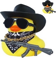 1pc Black Gangster Rubber Duck Car Accessories with Cowboy Hat, Sunglasses, Bandana & AK47 Toy, Funn