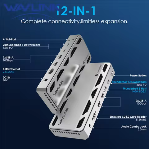WAVLINK Intel Certified Thunderbolt 5 Dock 12-in-1 Hub with up to 120Gbps MAX 140W PD Single Dual 6K