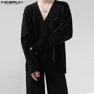 INCERUN เสื้อสเวตเตอร์ถักลายหัวใจคอวีแขนยาวสำหรับผู้ชายชุดกิโมโน (สไตล์เกาหลี)