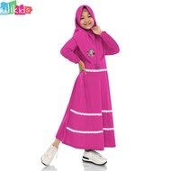 Ulikids Dress Gamis Anak Perempuan Bordir Muslimah Bahan Baby Terry Motif Polos Kombinasi Renda Keki