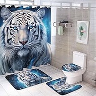 4Pcs Fantasy Tiger Shower Curtain Sets with Non-Slip Rugs, Toilet Lid Cover and U Shape Bath Mat, Na