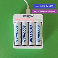 Combo 4 pin sạc AA 3000mAh kèm sạc BESTON C9009 - sạc nhanh tự ngắt - có đèn báo pin đầy - Hàng  nhậ