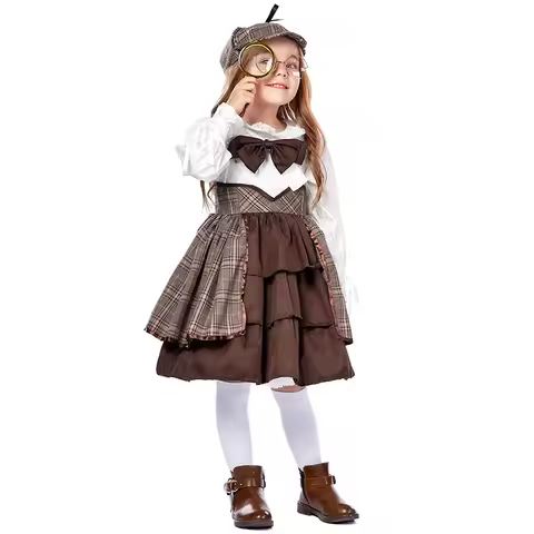 British Detective Costume for Girls Kids Sherlock Holmes Cosplay Outfit Children Retro Plaid Cape Ha