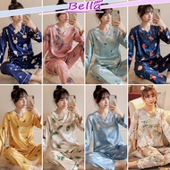 BERRY Women Long Sleeve Pyjamas Set Baju Tidur Perempuan Silk Satin Sleepwear Pajamas Fruit Print