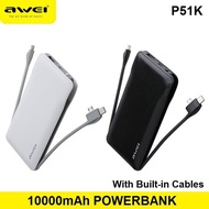 Awei 3-in-1 Authentic powerbank 10000mAh Battery p51k/p11k/P41K with USB Cable Lightning Type-C Micro (All Phones)