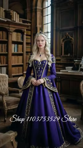 Customized Royal Purple Renaissance Queen Ball Gown Tudor Long Flare Sleeve Gold Embroidery Full Tra