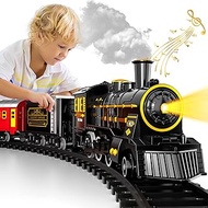 Electric Kids Train Set with Retro Classic Steam Engine Wagon and Long Tracks, Battery Powered Chris