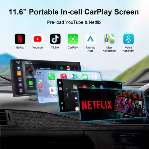 11.6 inch In-cell Touchscreen Portable CarPlay Screen with Wireless CarPlay Android Auto Pre-load On