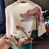 Authentic imported Pleated Chinese Style Retro Lotus Printed Jacket Summer New Issey Miyake Loose Ba