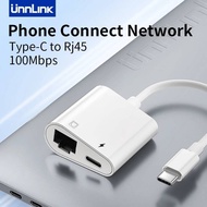 Unnlink USB C to RJ45 Lan Adapter 100Mbps Network Card Hub with Type C Charging for TV Box PC Laptop