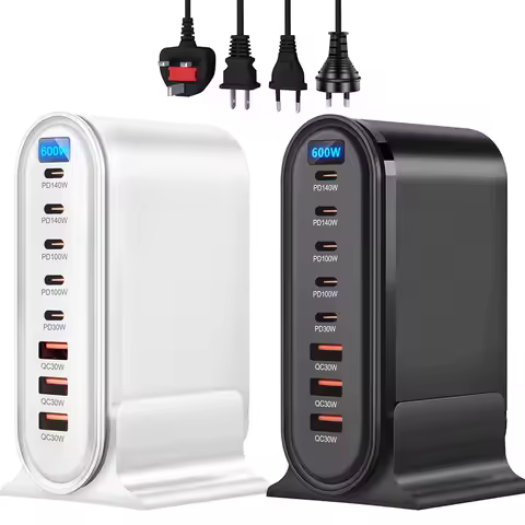 Hot 600W GaN 8 Ports Fast Charger Hub LED Display USB C PD Desktop Fast Charging Station Adapter For