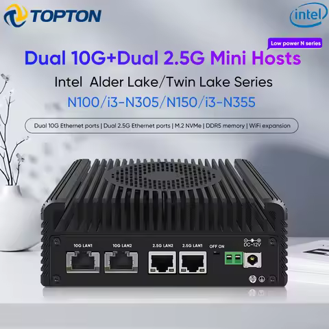 Topton 4 NICs Solid Metal Firewall PC Intel I3-N305 N150 2*10G 2*2.5G RJ45 LANs DDR5 2*NVMe NAS Mini