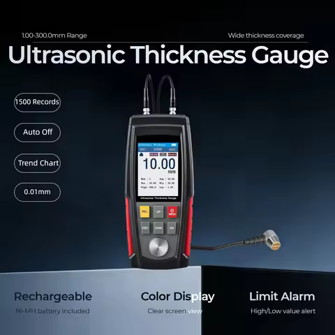 WT130A Ultrasonic Thickness Gauge 1-300mm 0.01mm 1500 Data Storage Trend Chart Alarm Backlit for Met