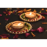 Tea Light Candle Holder for Diwali Deepavali Decoration | Traditional Designer Golden Diya with Multicolor Lines for Hom