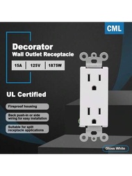 (1入) Cml裝飾牆面插座,15a/125v標準電源插座,防撬杆,2極3線,白色