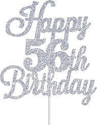 Happy 56th Birthday Cake Toppers Silver Glitter, Cheers to 56 Years Old Bday Decoration 56th Anniver