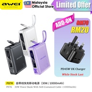 Awei P87K 10000mAh Powerbank 30W Fast Charging Power Bank Built-In Cable Pawer Bank Portable Bank Ku
