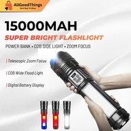 15000mAh Super Bright LED Flashlight Rechargeable Type-C Powerbank Waterproof Torch Zoom Focus with 