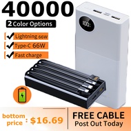 100% Original 40000mAh powerbank fast charging With four wire power bank 66W type c cable iphone LED