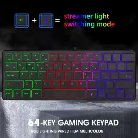 64 Keys Gaming Keyboard Mini USB Wired Illuminated for Business Travel Android