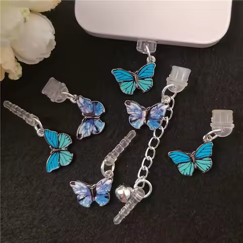 Blue Butterfly Dust Plug Charm Kawaii Anti Dust Cap Charge Port Plug For iPhone Type C Dust Protecti