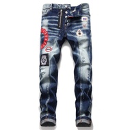 DSQUARED2 Brand New Mens Jeans Mens Fashion Slim Elasticity D2 Denim Pants Blue Embroidery Ripped Sk