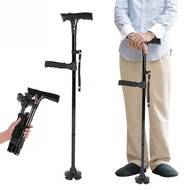 Folding LED Safety Walking Stick Magic Cane 4 Head Pivoting Trusty Base Black Walking Stick Mobility