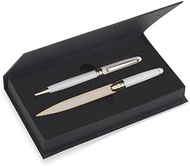 Design Gifts Prestige Brass Ballpoint Pen and Letter Opener Set - Enamel Finish with Gold Trims (White)