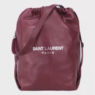 YSL SAINT LAURENT TEDDY 經典LOGO羊皮水桶肩背包- 附手拿包/酒紅