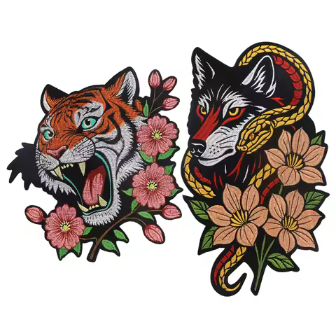 Blooming Flower Tiger Embroidered Wolf Snake Floral Iron on Patches DIY Jeans Jacket Clothing Appliq