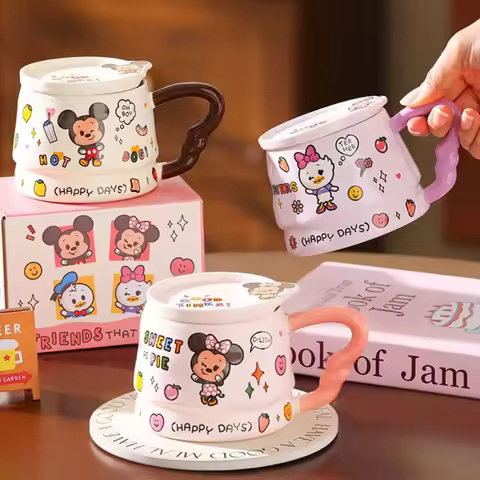 Mickey Minnie Ceramic Mug Daisy Cute Couple Water Cup Donald Duck Office Coffee Cups with Lid Breakf