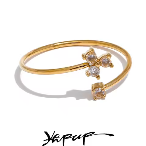 Yhpup Delicate Bling Cubic Zirconia Flower Thin Adjustable Golden Ring Waterproof Stainless Steel Ch
